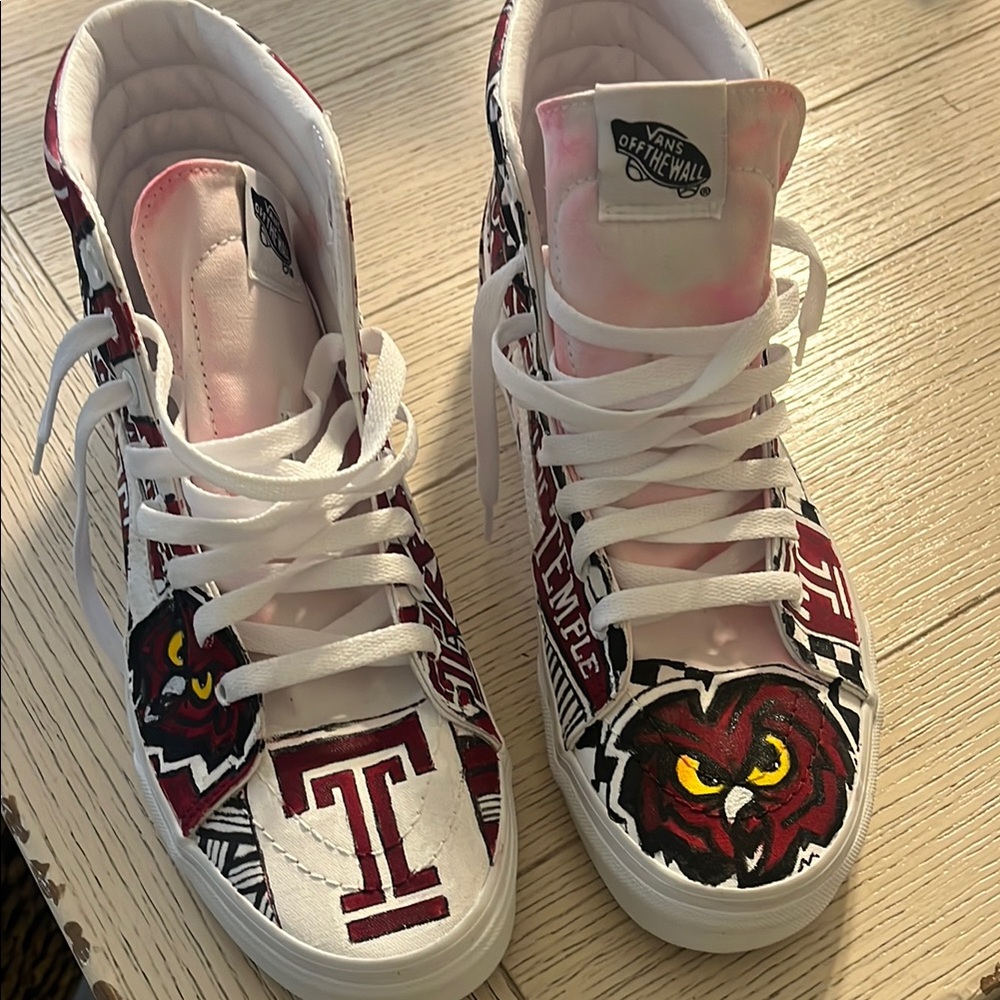 Vans Women's or men’s Custom Temple Owls Sneakers - Red and White